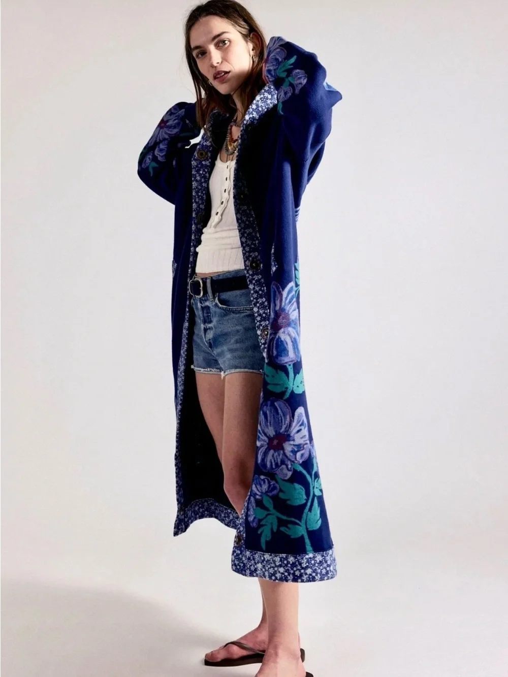 Free People Super Bloom Hood Maxi Sweatshirt Maxi Cardi Coat Blue Flowers